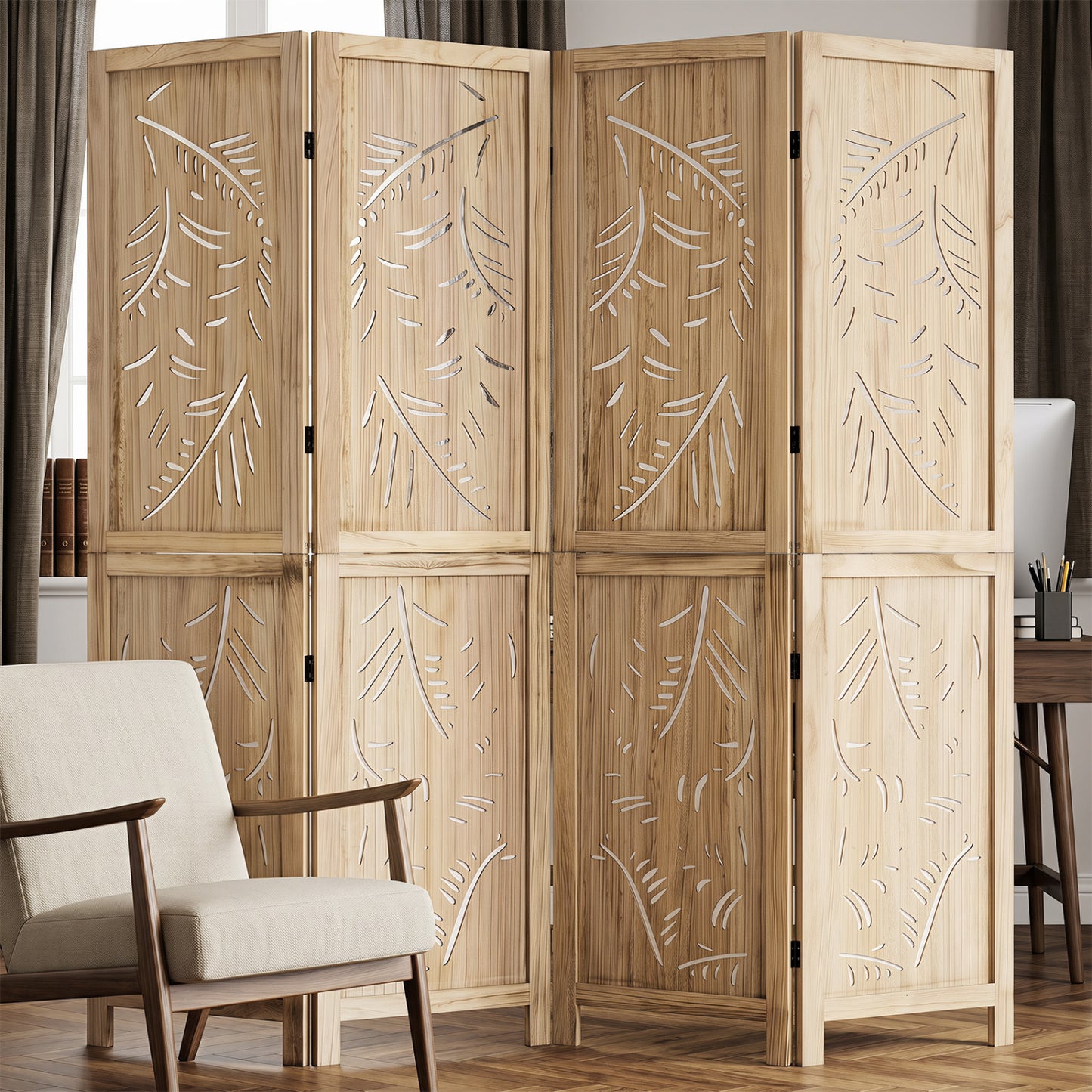 4-Panel Wooden Room Divider with Palm Leaf Design, 67" Tall