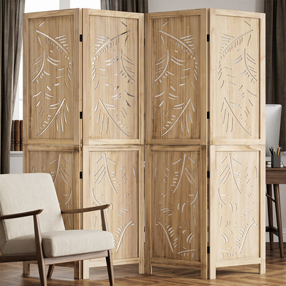 4-Panel Wooden Room Divider with Palm Leaf Design, 67" Tall
