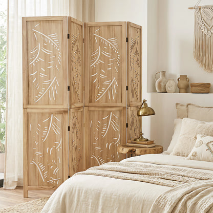 4-Panel Wooden Room Divider with Palm Leaf Design, 67" Tall