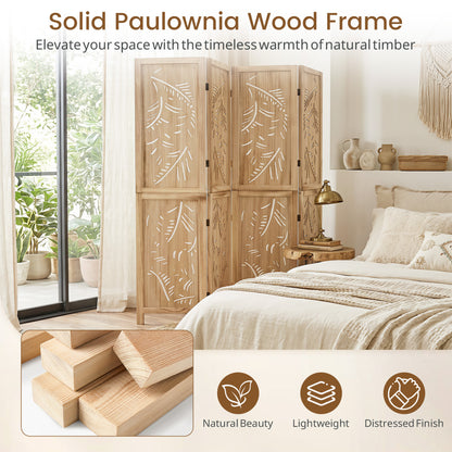4-Panel Wooden Room Divider with Palm Leaf Design, 67" Tall