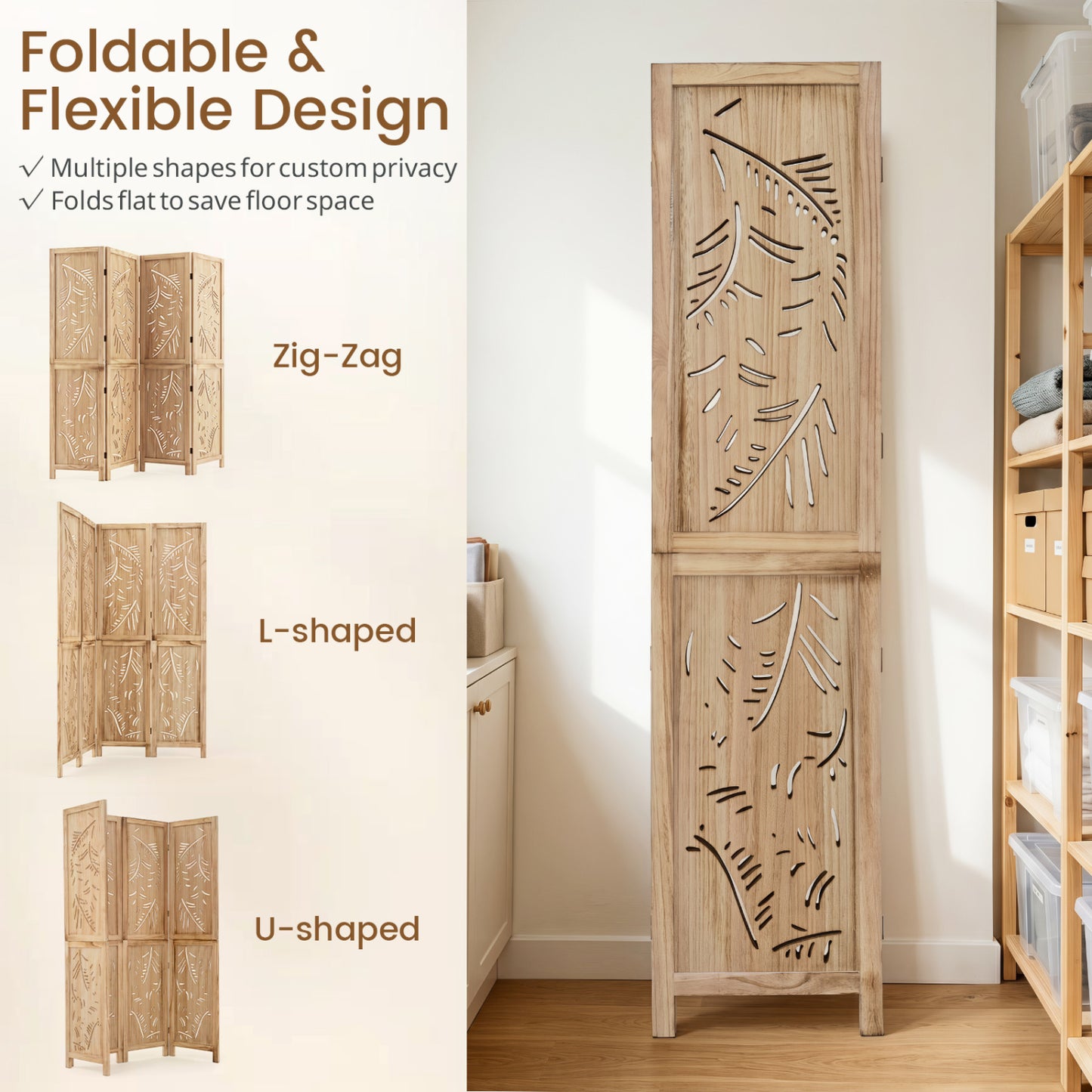 4-Panel Wooden Room Divider with Palm Leaf Design, 67" Tall