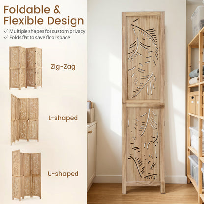 4-Panel Wooden Room Divider with Palm Leaf Design, 67" Tall