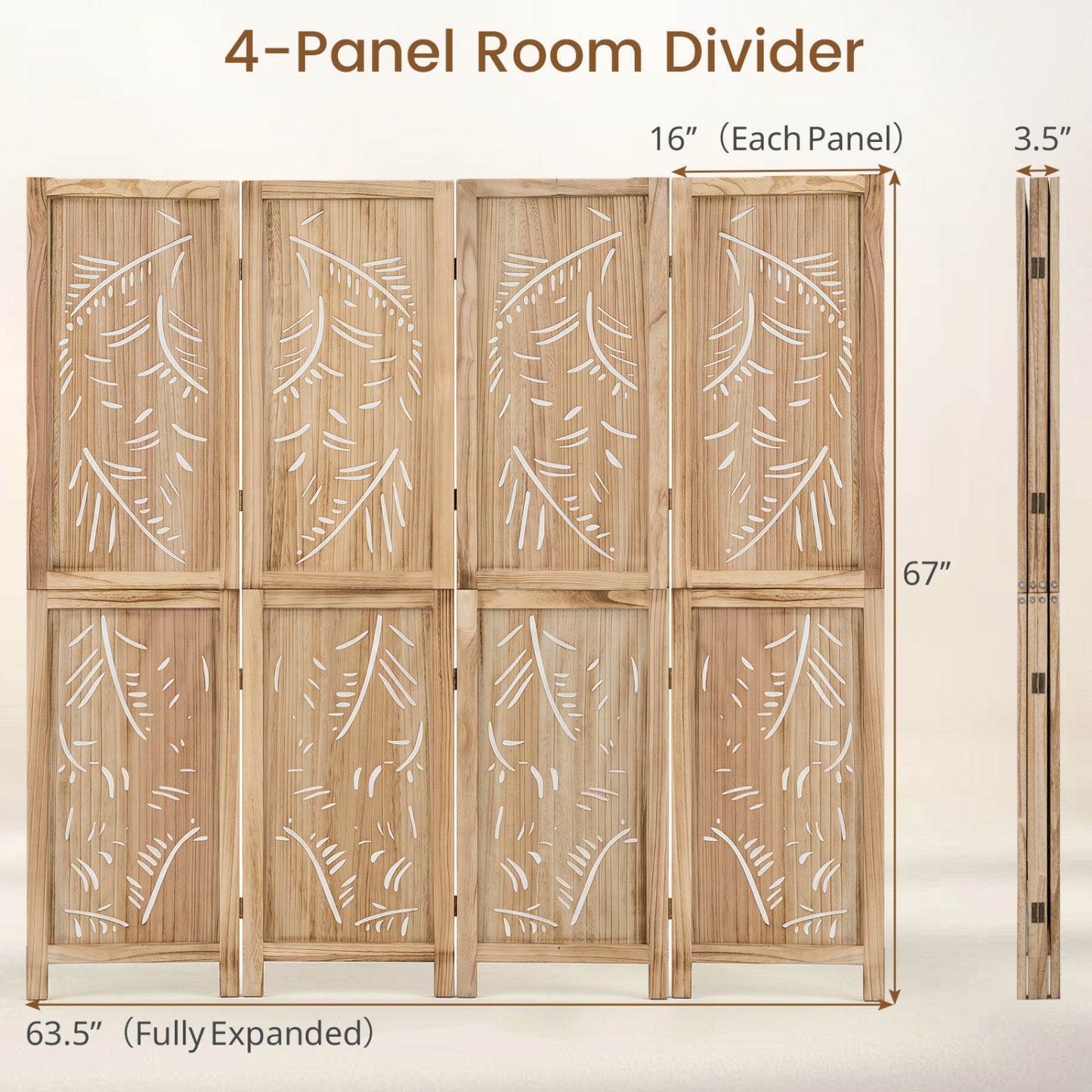 4-Panel Wooden Room Divider with Palm Leaf Design, 67" Tall