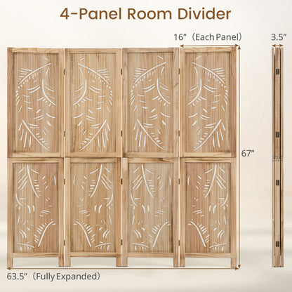 4-Panel Wooden Room Divider with Palm Leaf Design, 67" Tall