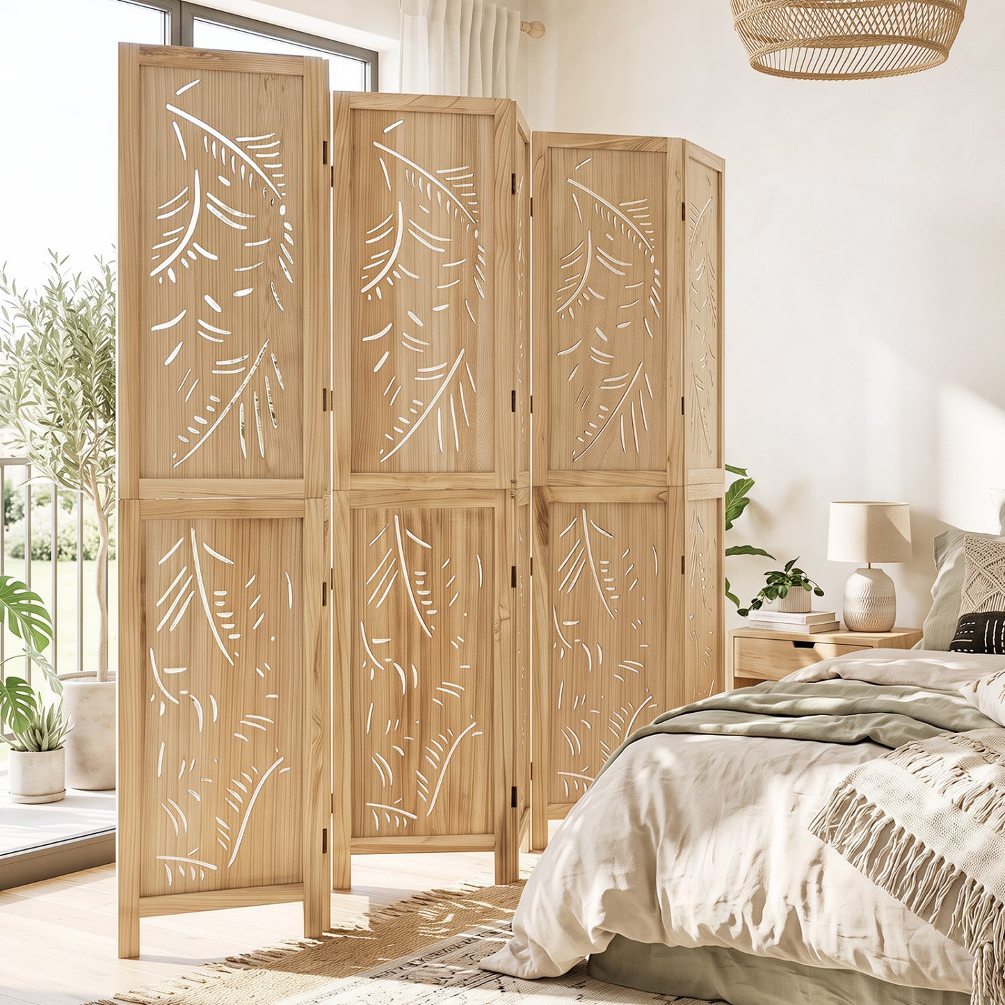 6-Panel Room Divider with Palm Leaf Design - 67" Tall