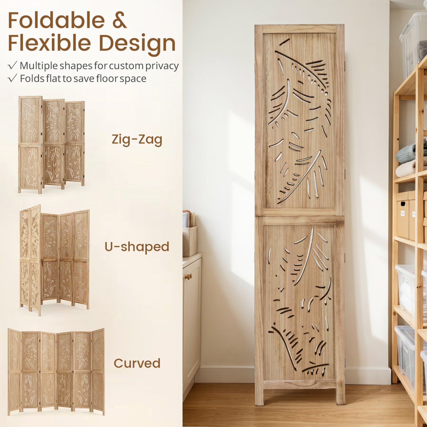 6-Panel Room Divider with Palm Leaf Design - 67" Tall