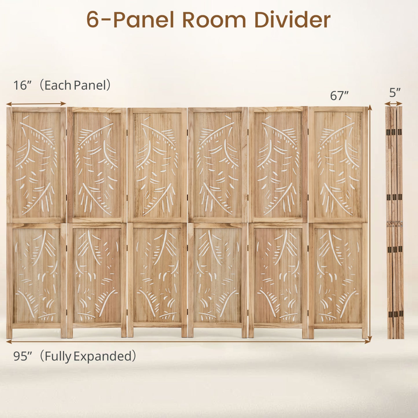 6-Panel Room Divider with Palm Leaf Design - 67" Tall