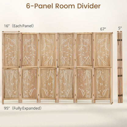 6-Panel Room Divider with Palm Leaf Design - 67" Tall