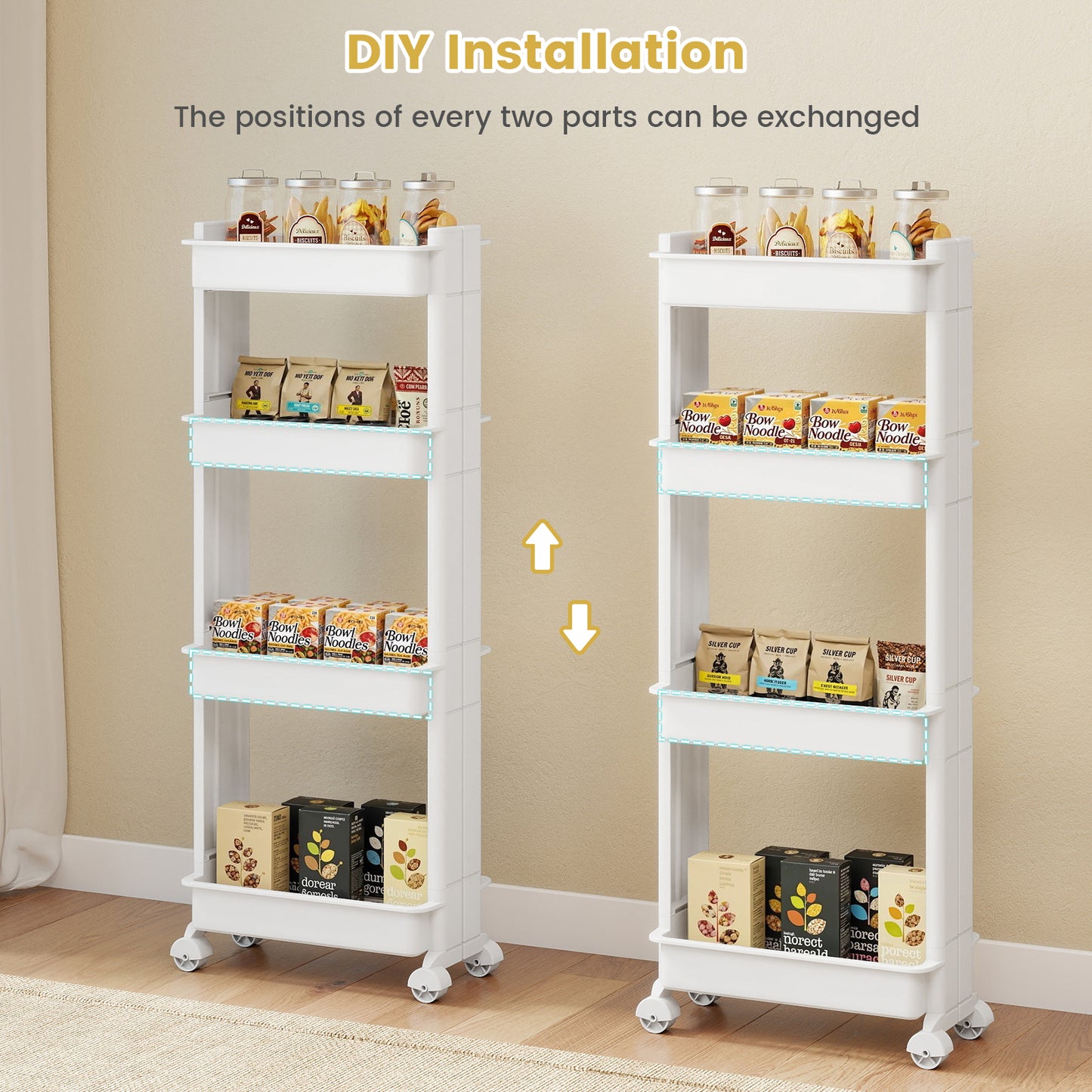Rolling Utility Cart with Detachable Trays - 3/4 Tier