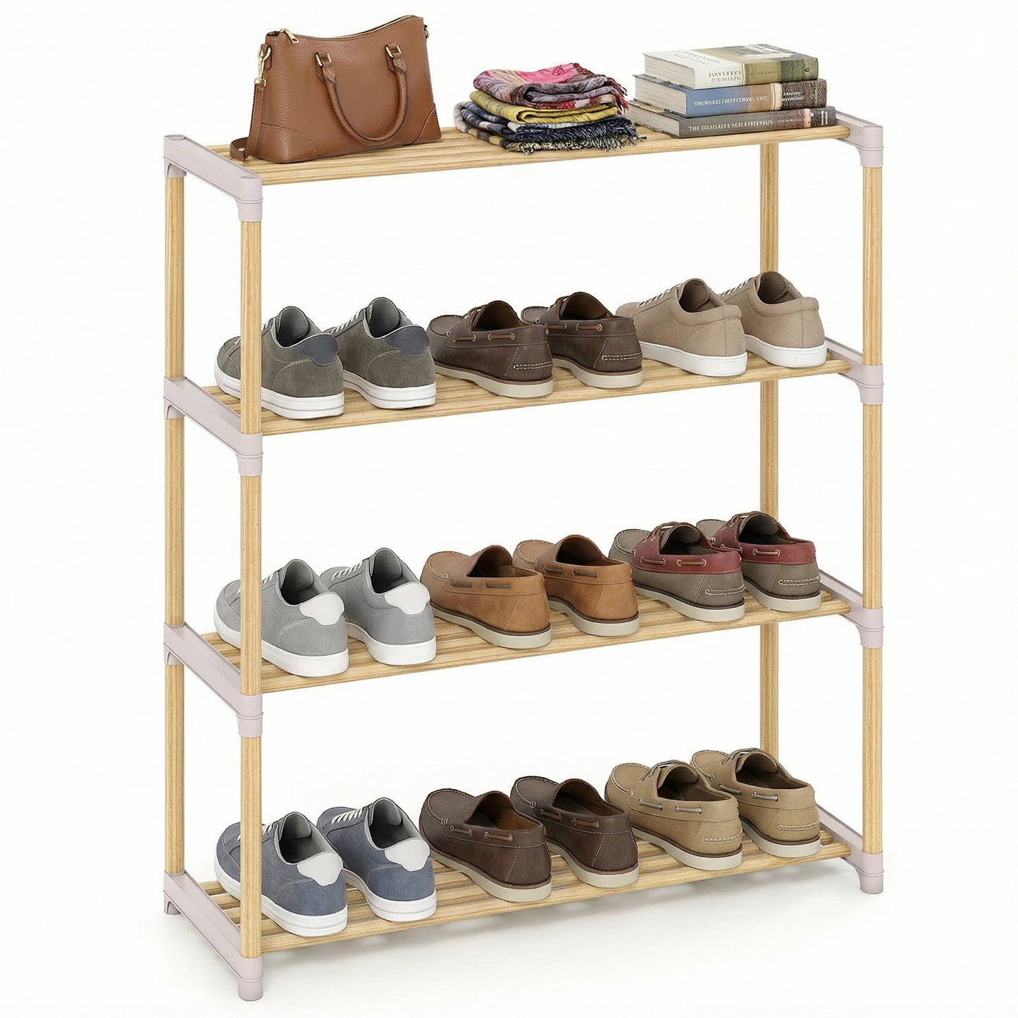 3-Tier Solid Wood Shoe Rack with Slatted Shelves