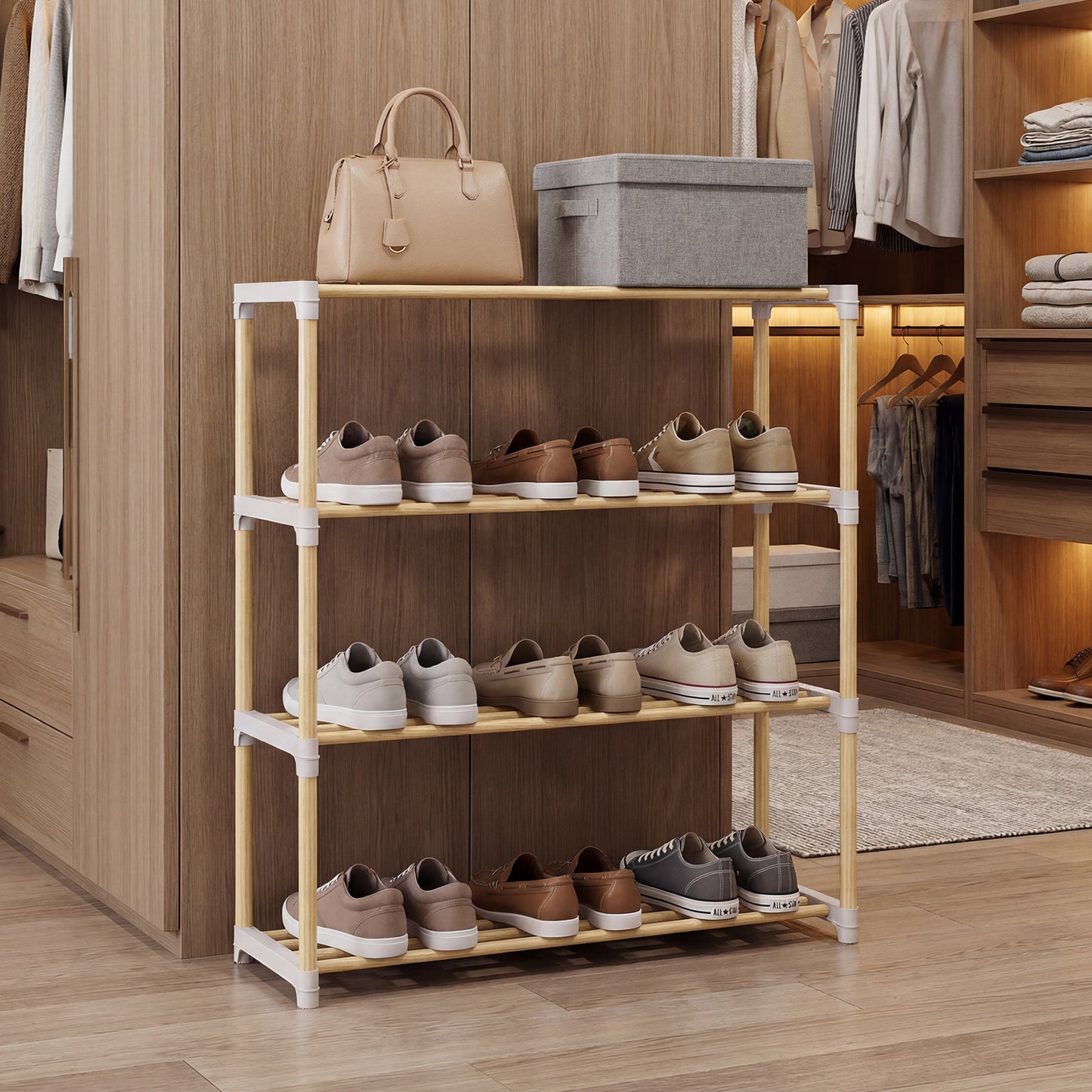 3-Tier Solid Wood Shoe Rack with Slatted Shelves