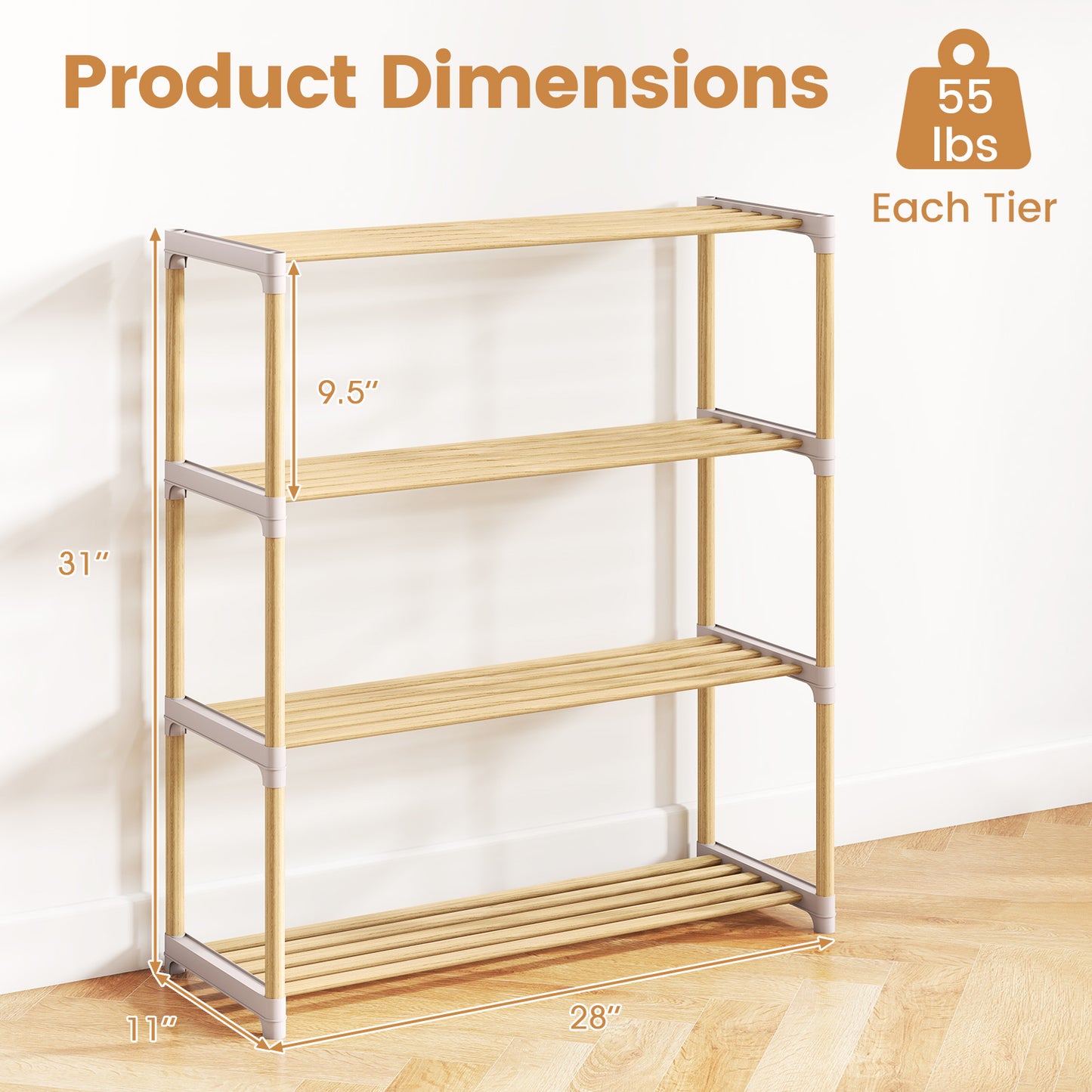 3-Tier Solid Wood Shoe Rack with Slatted Shelves