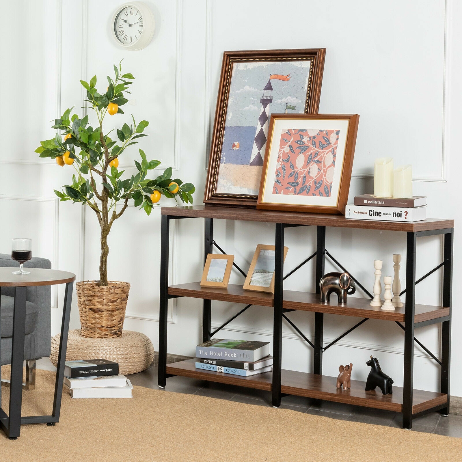 3 Tier 47 Inch Console Metal Frame Sofa Table-Rustic Brown