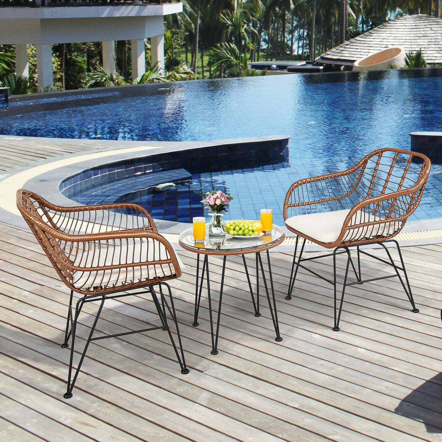 3-Piece Rattan Bistro Set with Cushions and Glass Table