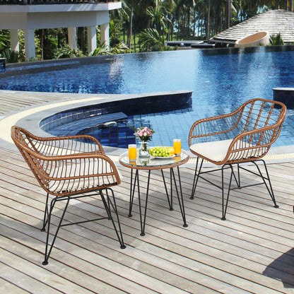 3-Piece Rattan Bistro Set with Cushions and Glass Table