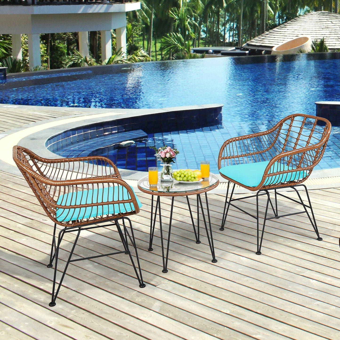 3-Piece Rattan Bistro Set with Cushions and Glass Table