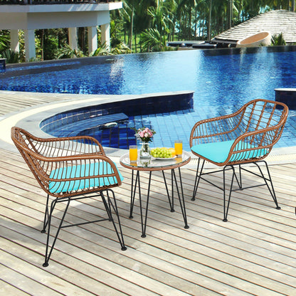 3-Piece Rattan Bistro Set with Cushions and Glass Table