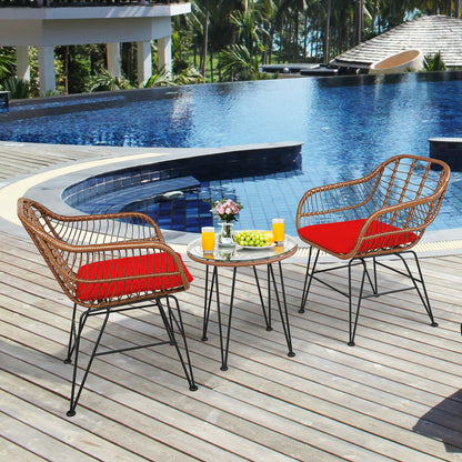 3-Piece Rattan Bistro Set with Cushions and Glass Table