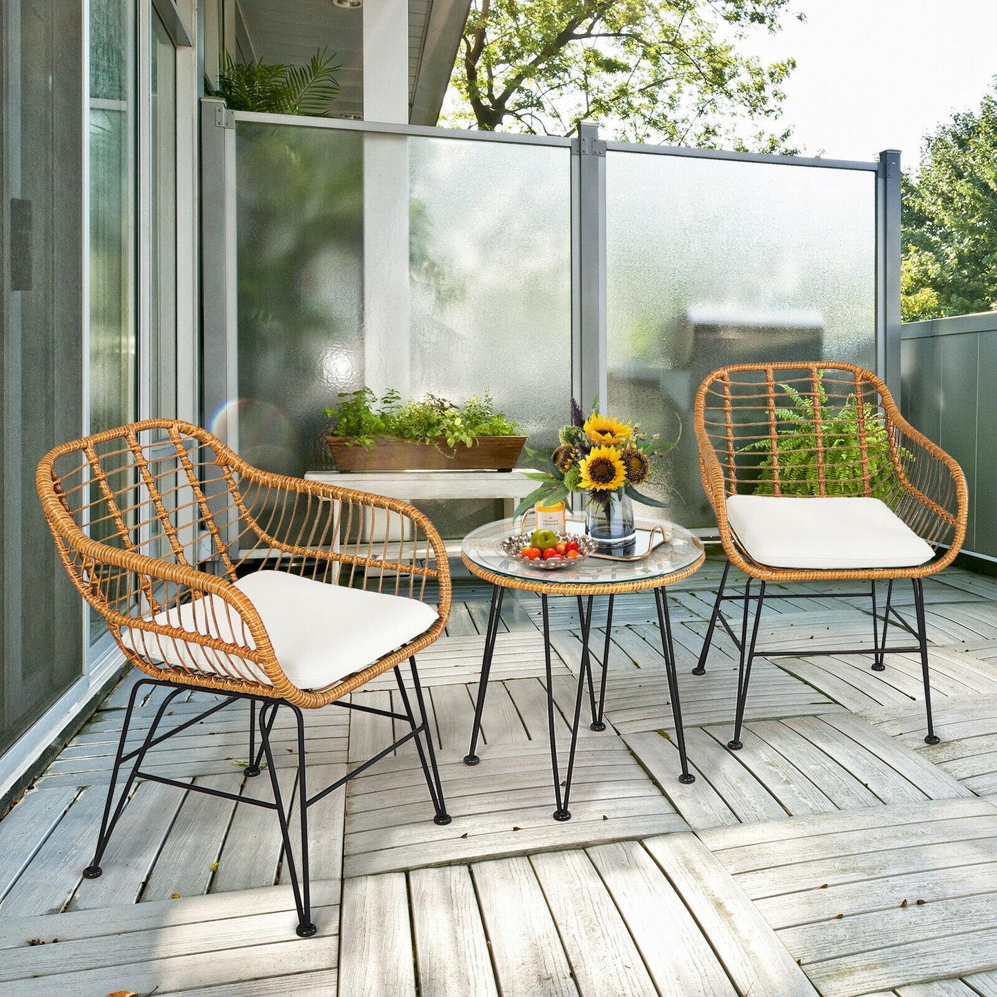 3 Pieces Rattan Furniture Set with Cushioned Chair Table-Black - White