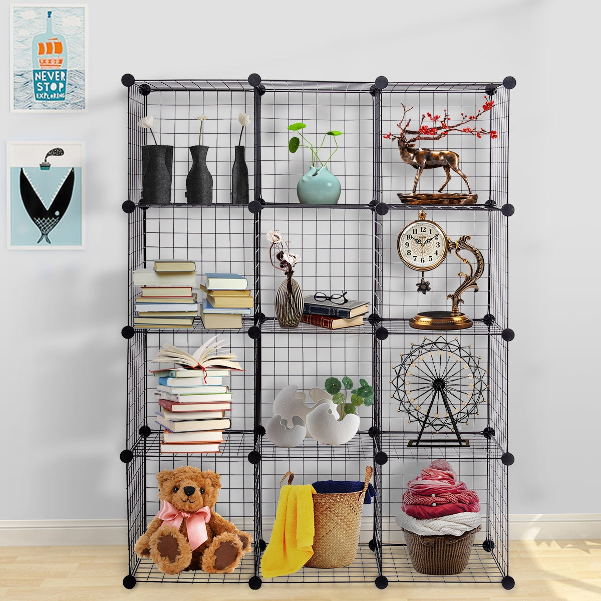 12-Cube Wire Storage Organizer 42" x 14" x 56" Metal Grid