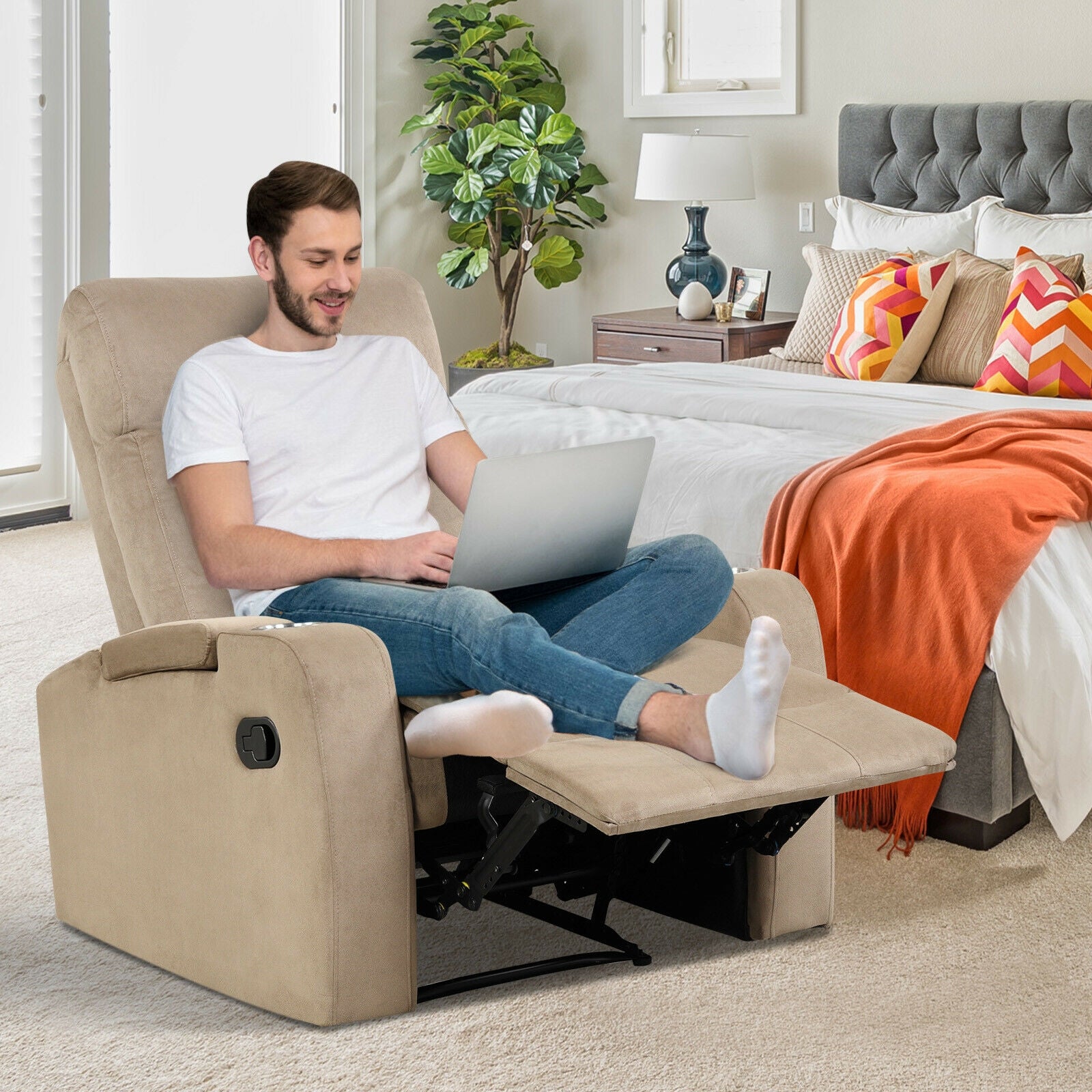 Recliner Chair Single Sofa Lounger with Arm Storage and Cup Holder for Living Room-Brown
