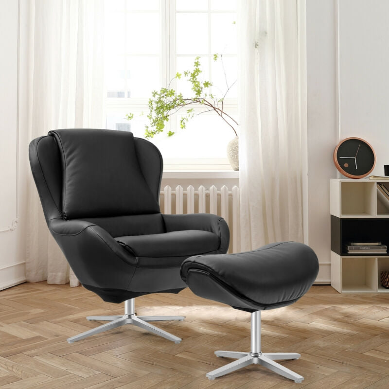 360¬∞ ¬†Swivel Leather Lounge Chair with Ottoman and Aluminum Alloy Base-Black