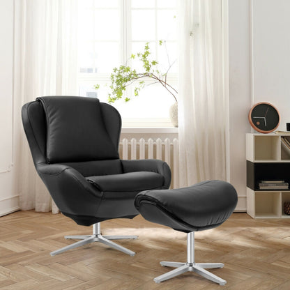 360¬∞ ¬†Swivel Leather Lounge Chair with Ottoman and Aluminum Alloy Base-Black
