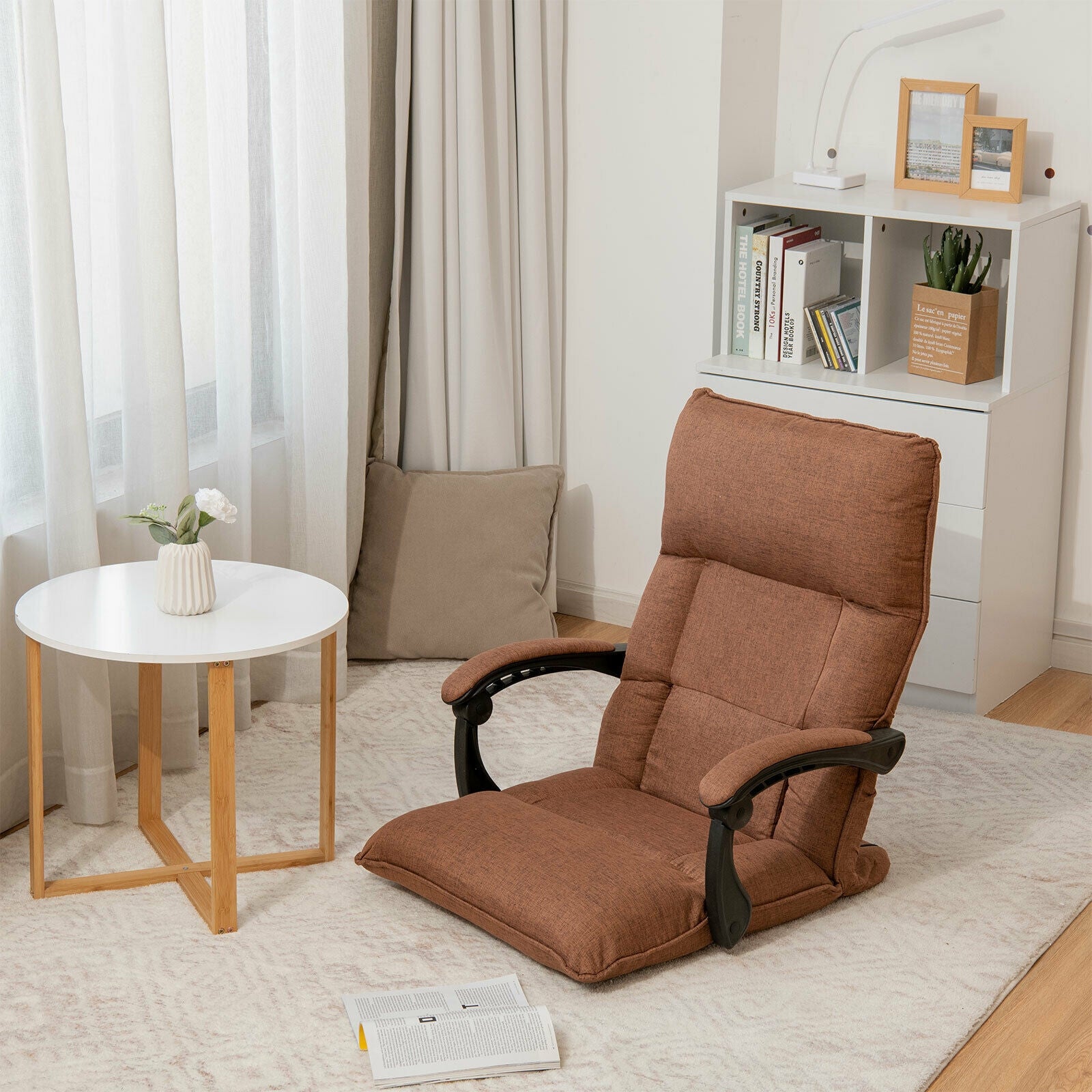 14-Position Adjusting Lazy Sofa Chair with Waist Pillow and Armrests-Coffee