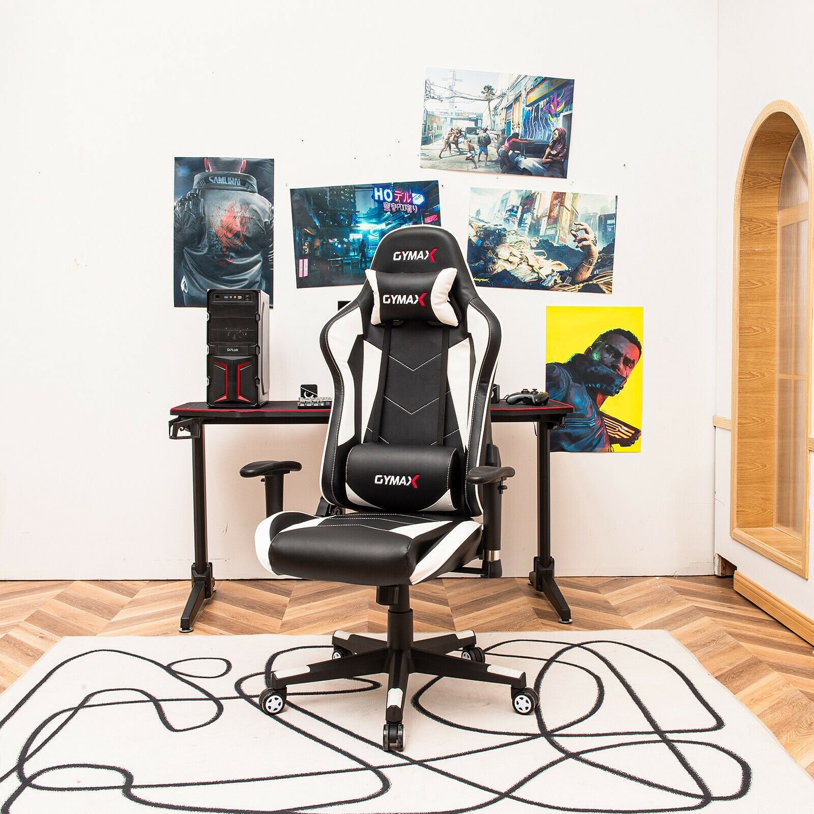 Gaming Chair Adjustable Swivel Racing Style Computer Office Chair-White