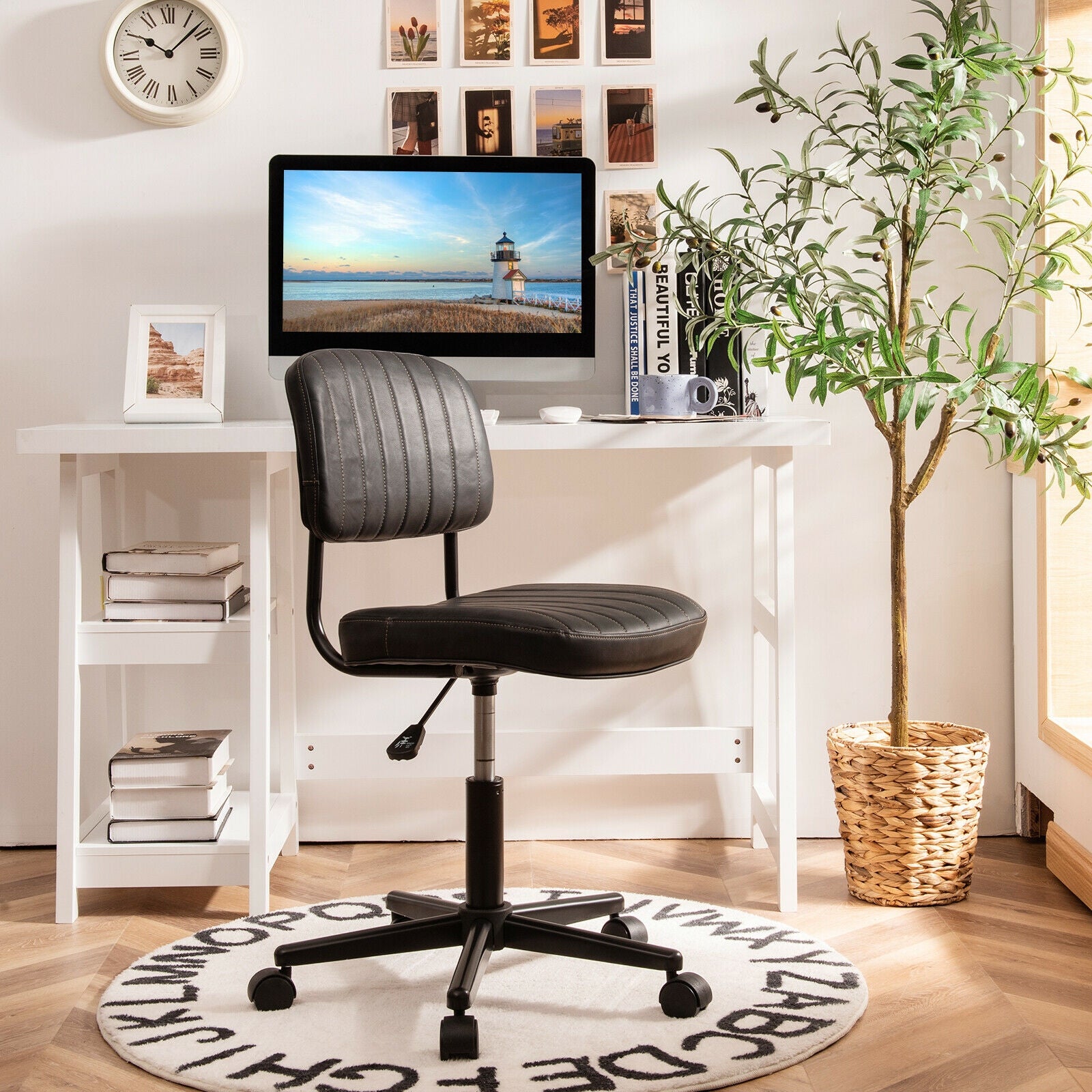 PU Leather Adjustable Office Chair Swivel Task Chair with Backrest-Black
