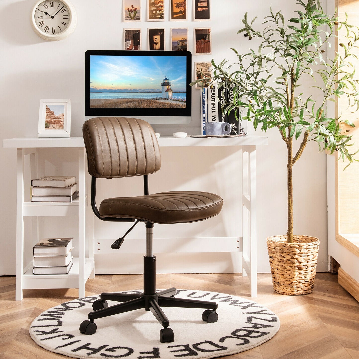 PU Leather Adjustable Office Chair Swivel Task Chair with Backrest-Brown