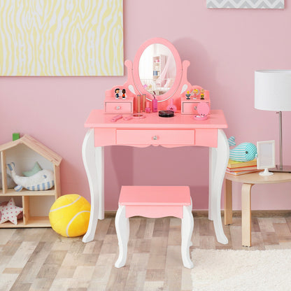 Kids Vanity Princess Makeup Dressing Table Stool Set with Mirror and Drawer
