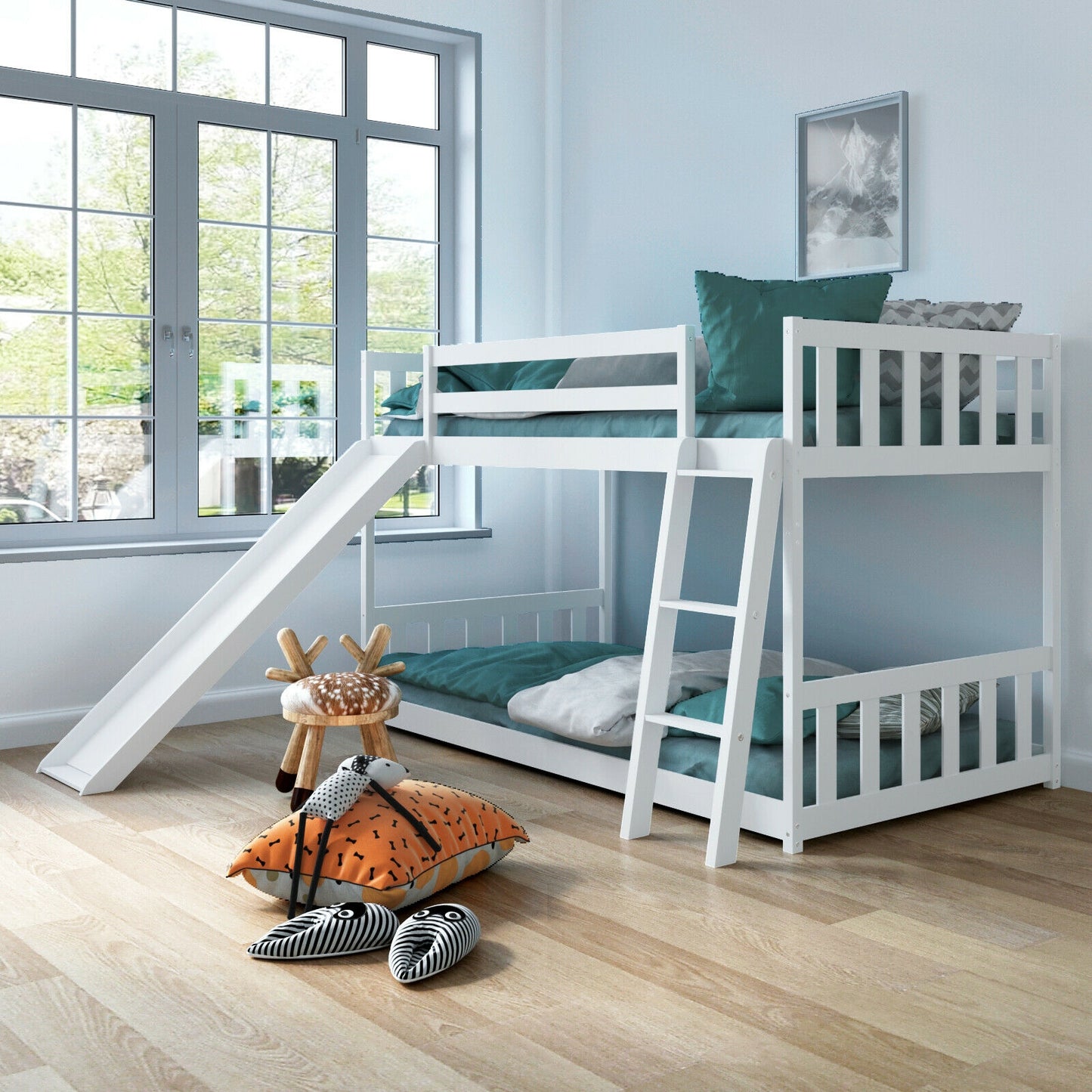 Twin over Twin Bunk Wooden Low Bed with Slide Ladder for Kids-White