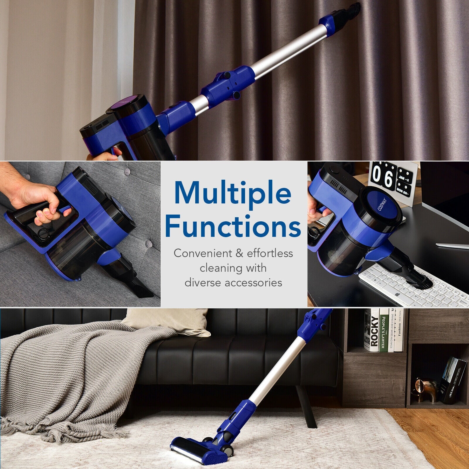3-in-1 Handheld Cordless Stick Vacuum Cleaner with 6-cell Lithium Battery-Blue