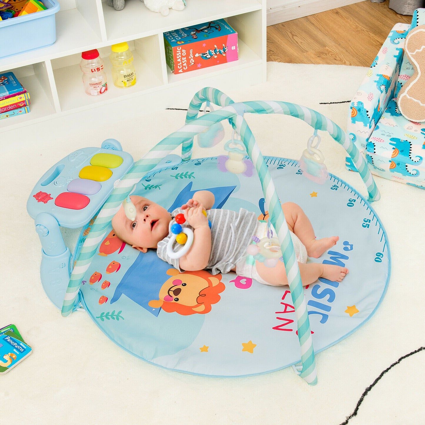 Baby Activity Play Piano Gym Mat with 5 Hanging Sensory Toys-Blue