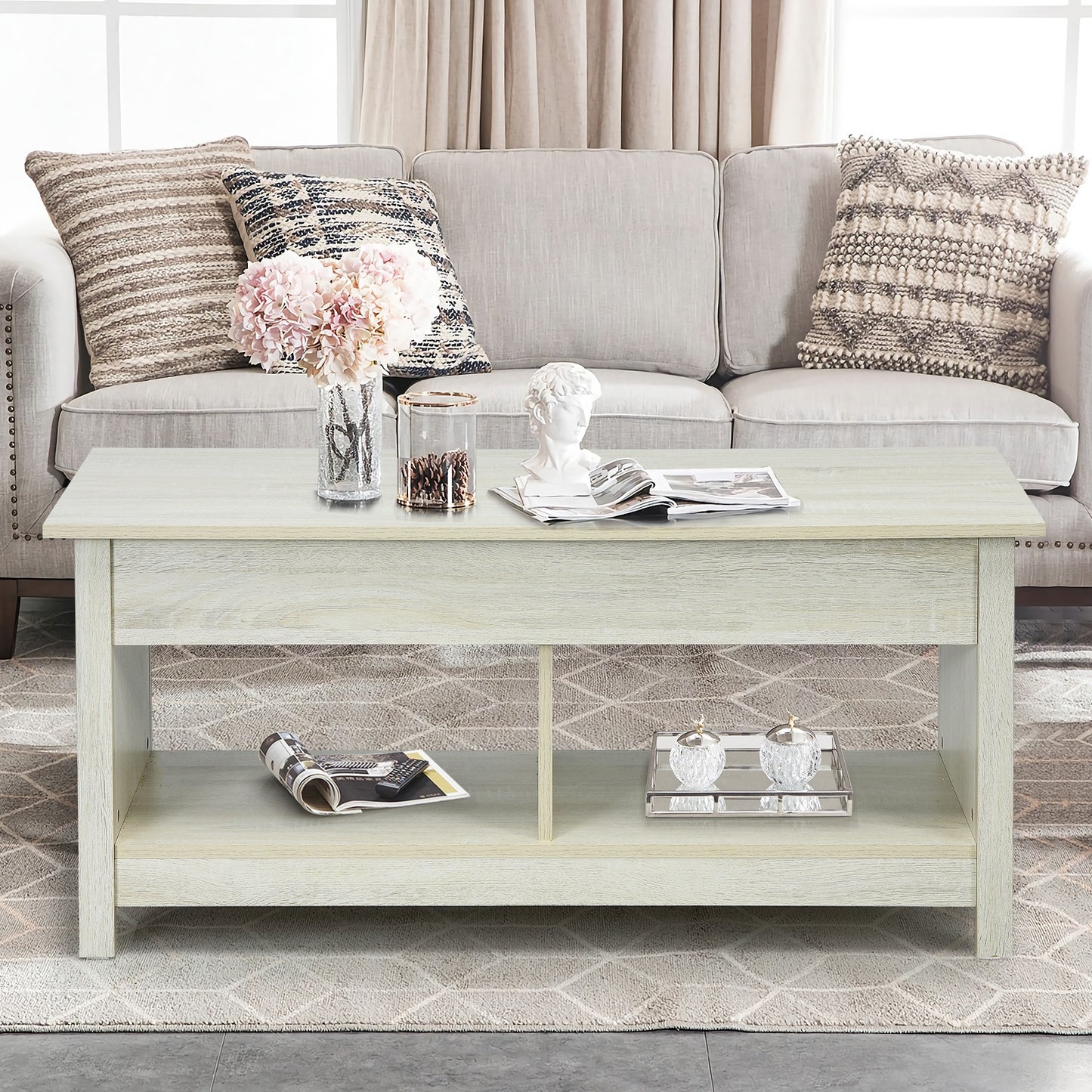 Lift Top Coffee Table with Hidden Storage Compartment and Lower Shelf for Study Room-White