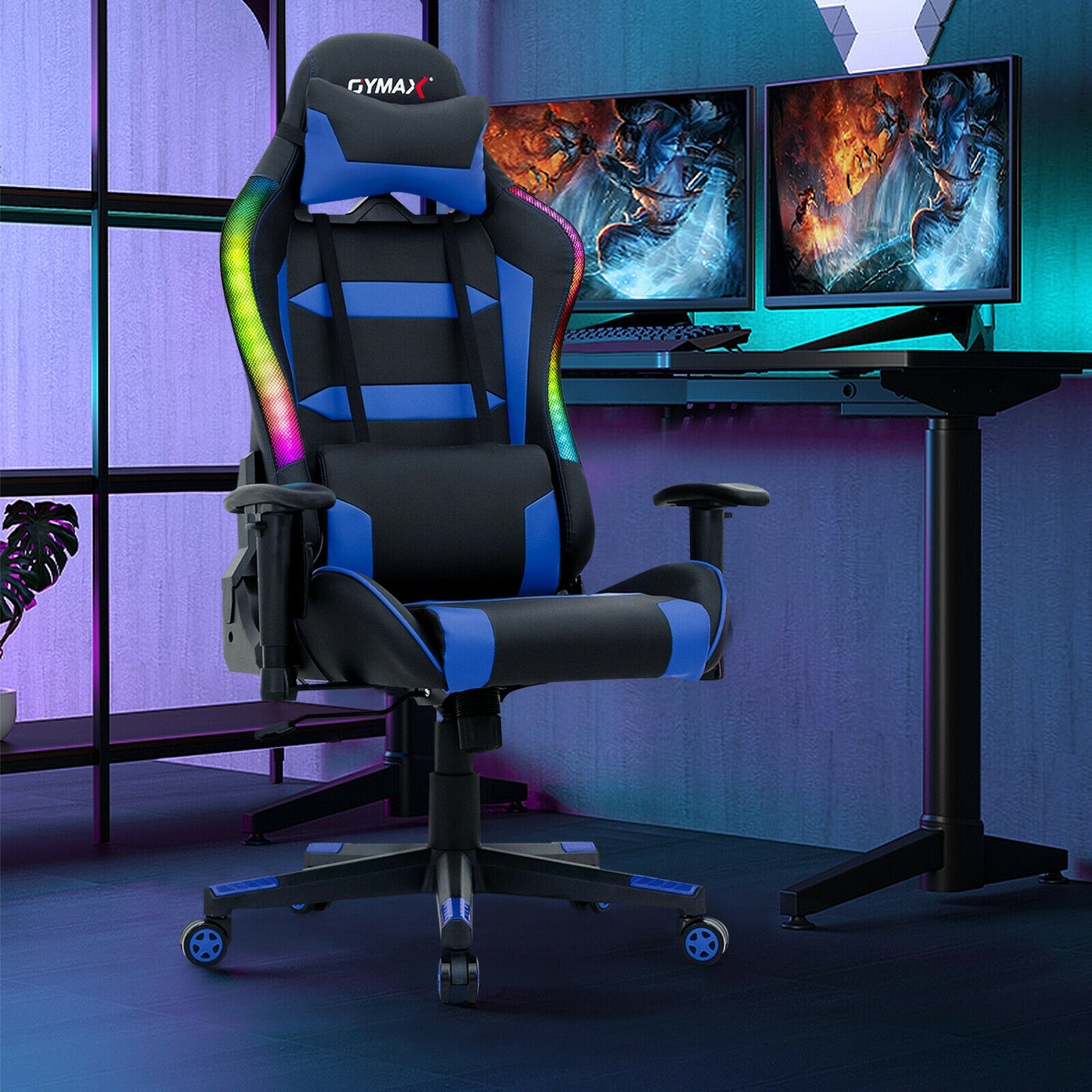 Adjustable Swivel Gaming Chair with LED Lights and Remote-Blue
