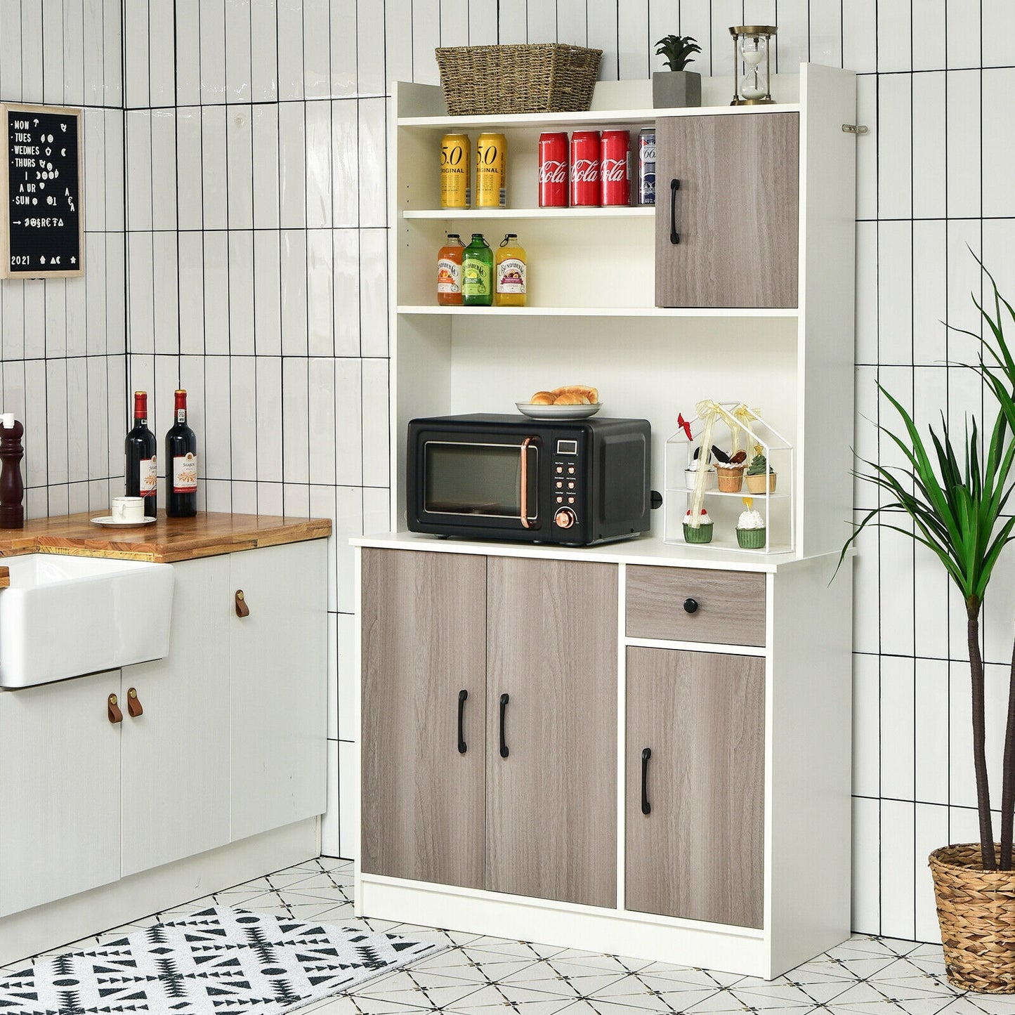 4-Door Freestanding Kitchen Buffet with Hutch and Adjustable Shelves-White