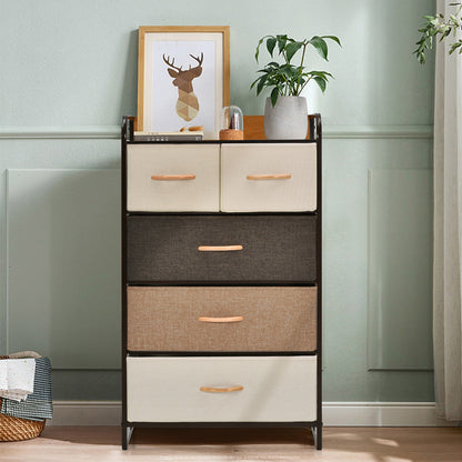 4-Tier Organizer Tower Steel Frame Wooden Top Storage with 5-Drawer Dresser