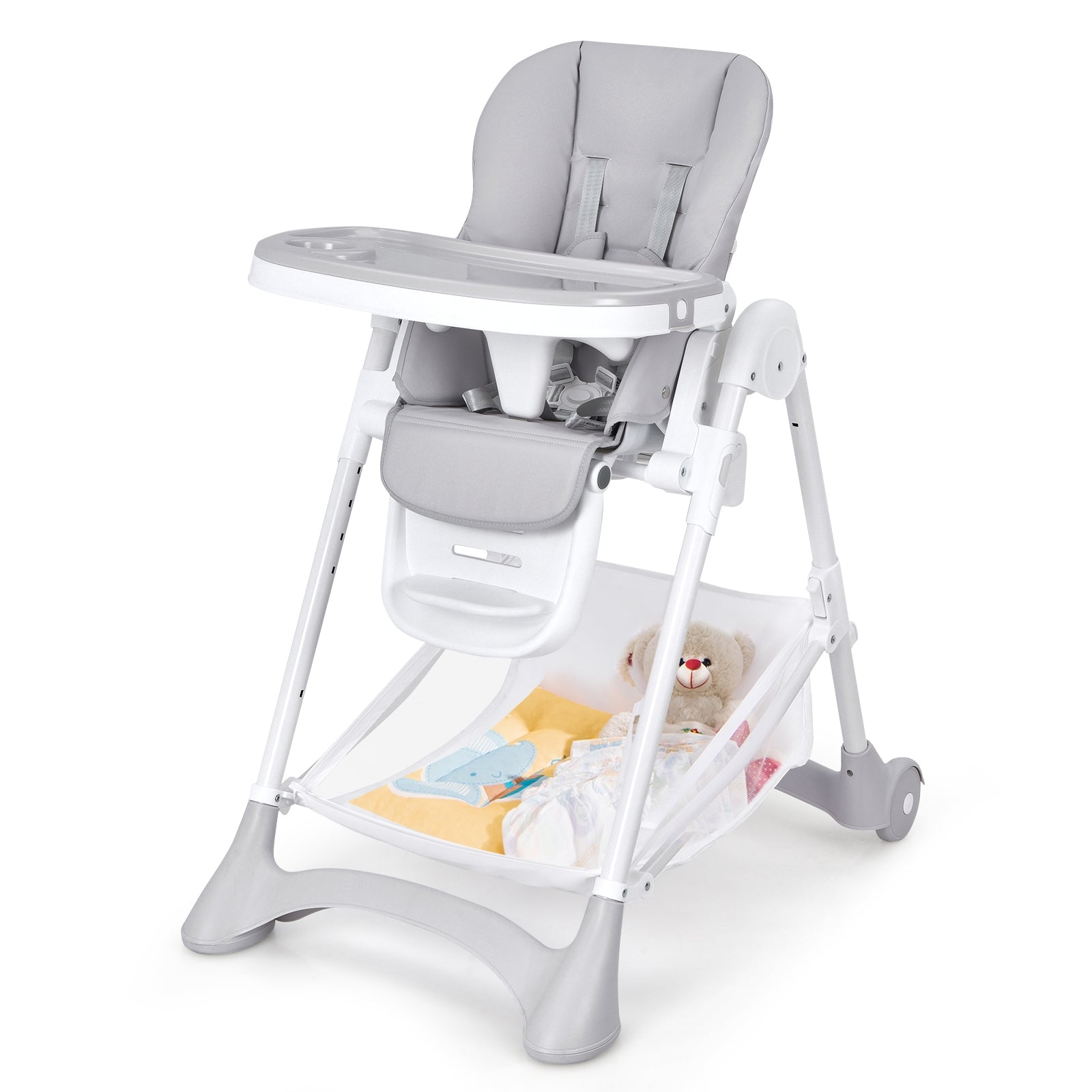 Baby Convertible Folding Adjustable High Chair with Wheel Tray Storage Basket-Beige - Gray