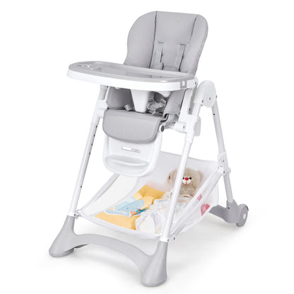 Baby Convertible Folding Adjustable High Chair with Wheel Tray Storage Basket-Beige - Gray
