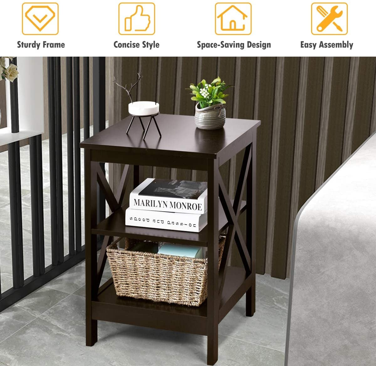 3-Tier X-Design Nightstands with Storage Shelves for Living Room Bedroom-Espresso
