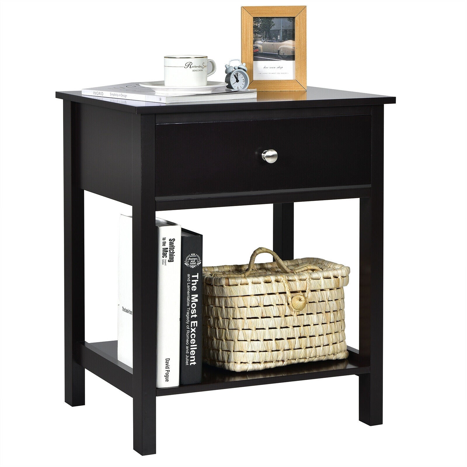 Wooden Storage Shelf with Drawer for Bedroom and Living Room-Brown - Black