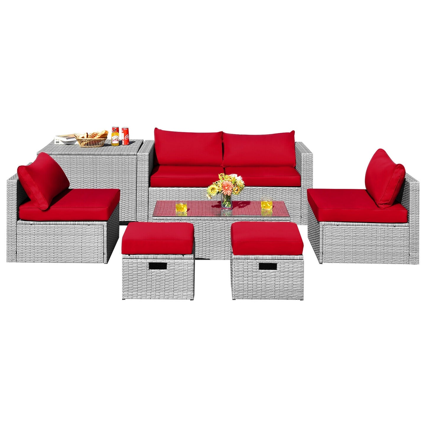 8 Pieces Patio Rattan Furniture Set with Storage Waterproof Cover and Cushion-Gray - Red