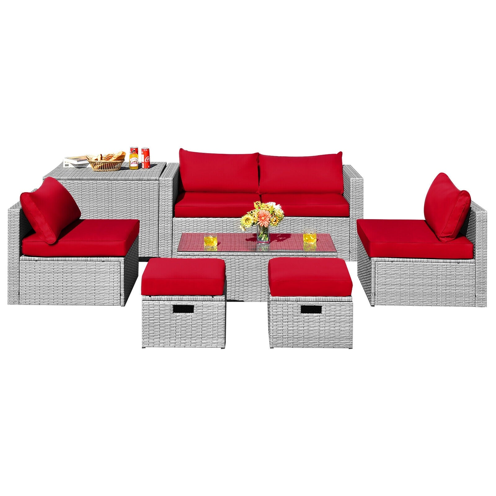 8 Pieces Patio Rattan Furniture Set with Storage Waterproof Cover and Cushion-Gray - Red
