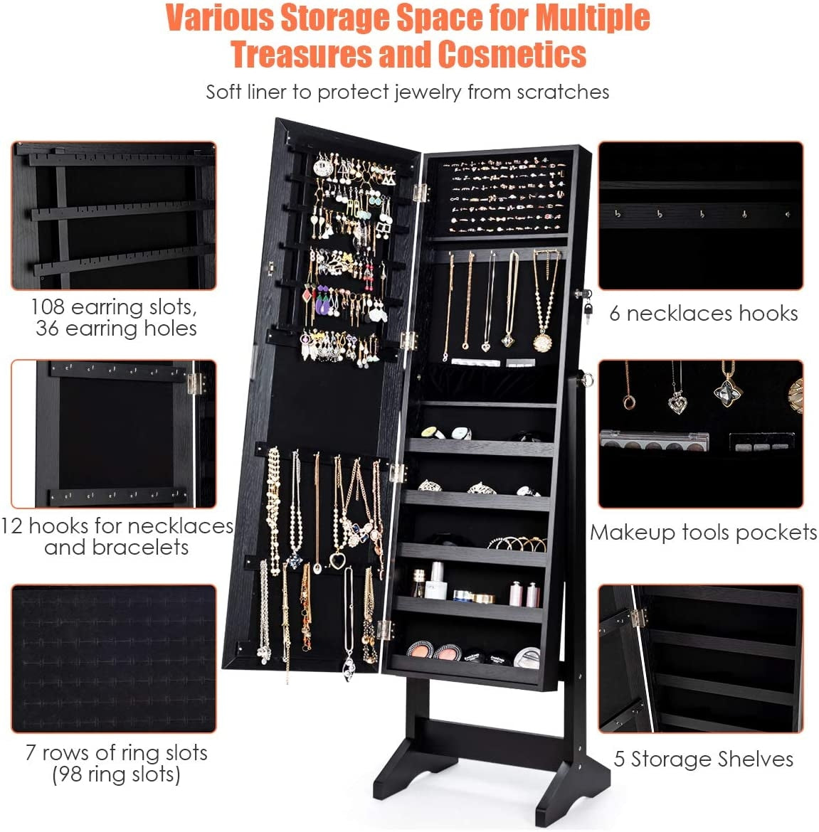 Jewelry Cabinet Stand Mirror Armoire with Large Storage Box-Black