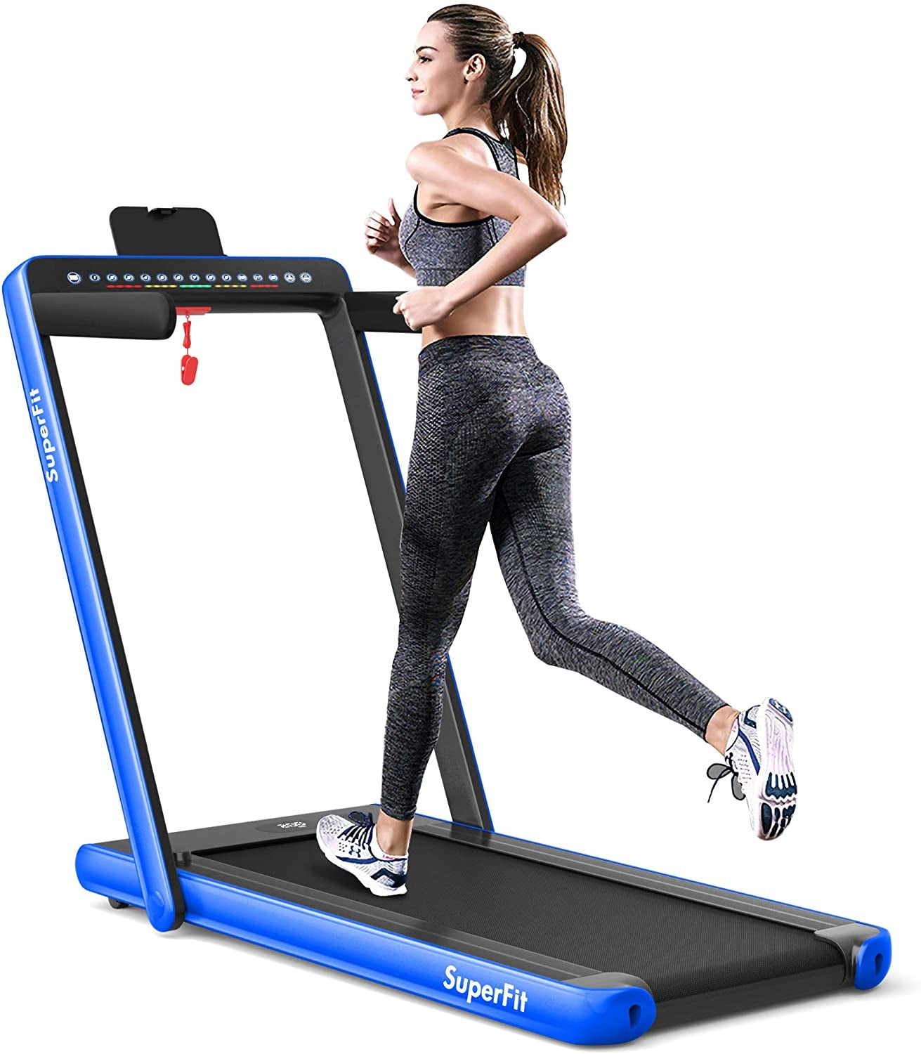 2-in-1 Electric Motorized Health and Fitness Folding Treadmill with Dual Display and Speaker-Yellow - Blue