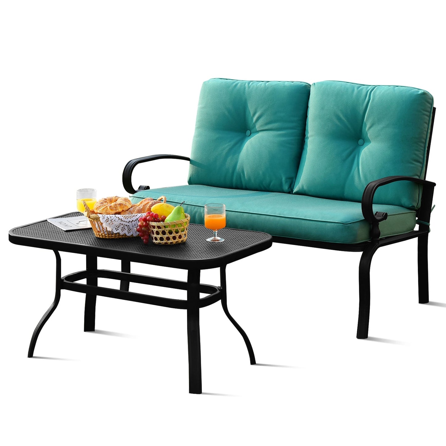 2 Pieces Patio Loveseat Bench Table Furniture Set with Cushioned Chair-Blue - Turquoise