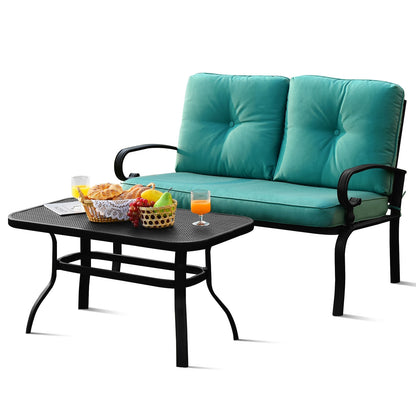2 Pieces Patio Loveseat Bench Table Furniture Set with Cushioned Chair-Blue - Turquoise