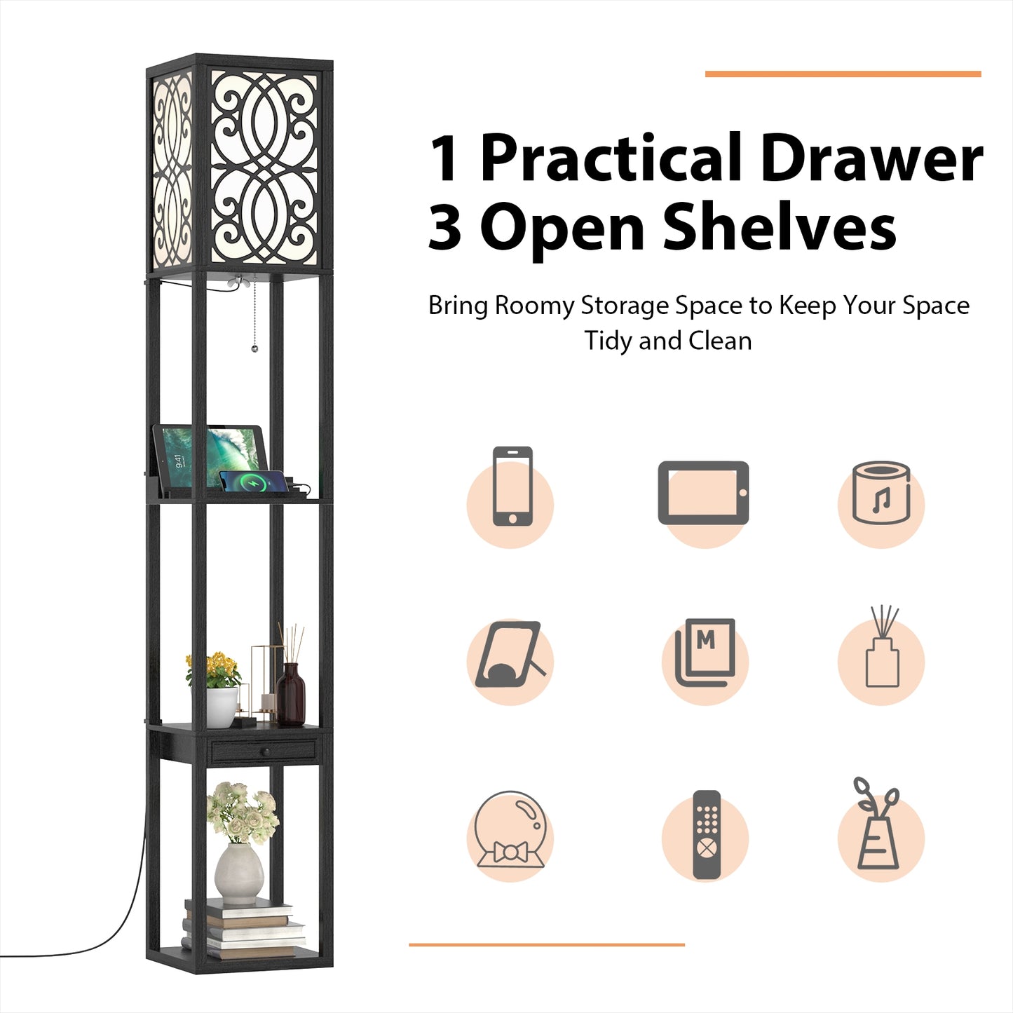 Modern Standing Shelf Lamp with 1 Power Outlet and 2 USB Ports